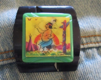 Vintage Vari-vue Lenticular of Indian w/ Tomahawk made into Brooch