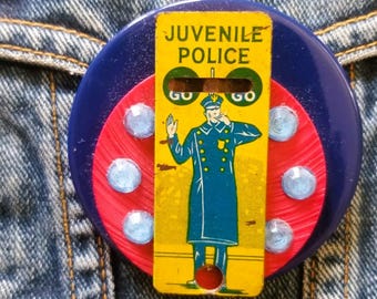 OOAK Vintage "Juvenile Police" Tin Whistle Brooch