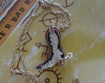 SALE! Vintage Swarovski Crystal and Enamel Cowboy Boot Pendant Necklace