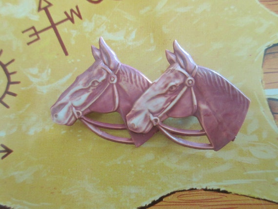 Vintage Celluloid Double Horse Heads Pin - image 1