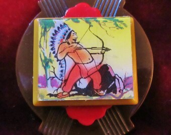 New! OOAK Pin with Indian Lenticular on Vintage Plastic Buckles