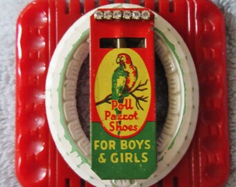 SALE! OOAK Vintage Poll Parrot Shoes Tin Whistle Brooch