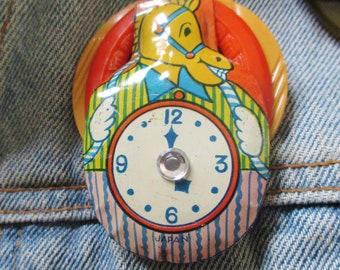 Whimsical One-of-a-kind Horse and Clock Tin Clicker on Vintage Plastic Buckles Brooch
