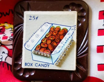 Vintage "box candy" chocolates card made into One-of-a-kind Brooch