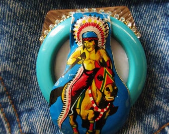 OOAK Indian Chief on Horse Tin Clicker Brooch