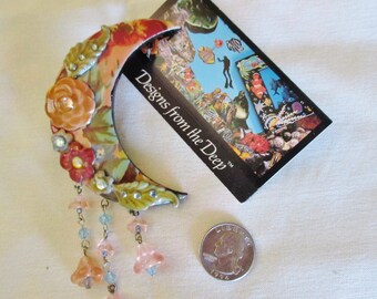 Vintage  "Designs from the Deep" Large Floral Crescent Pin - DFTD - Decoupage on Wood