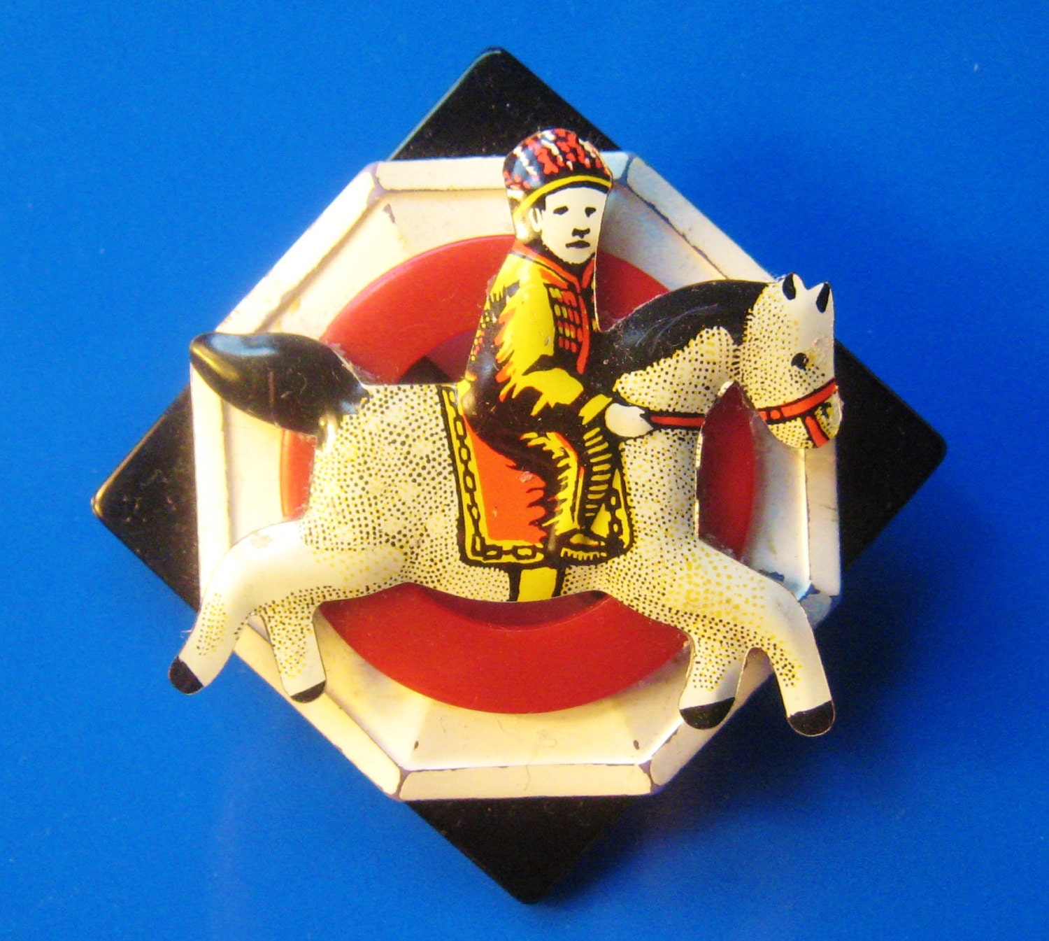 Vintage Tin Toy Horse and Rider Pin