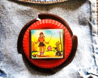 OOAK Brooch w/ Girl Jumping Rope Lenticular on Vintage Buckles - Retro Fun!!!