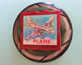 OOAK "Vehicular Lenticular" Airplane/Train Brooch on Vintage Plastic Buckles