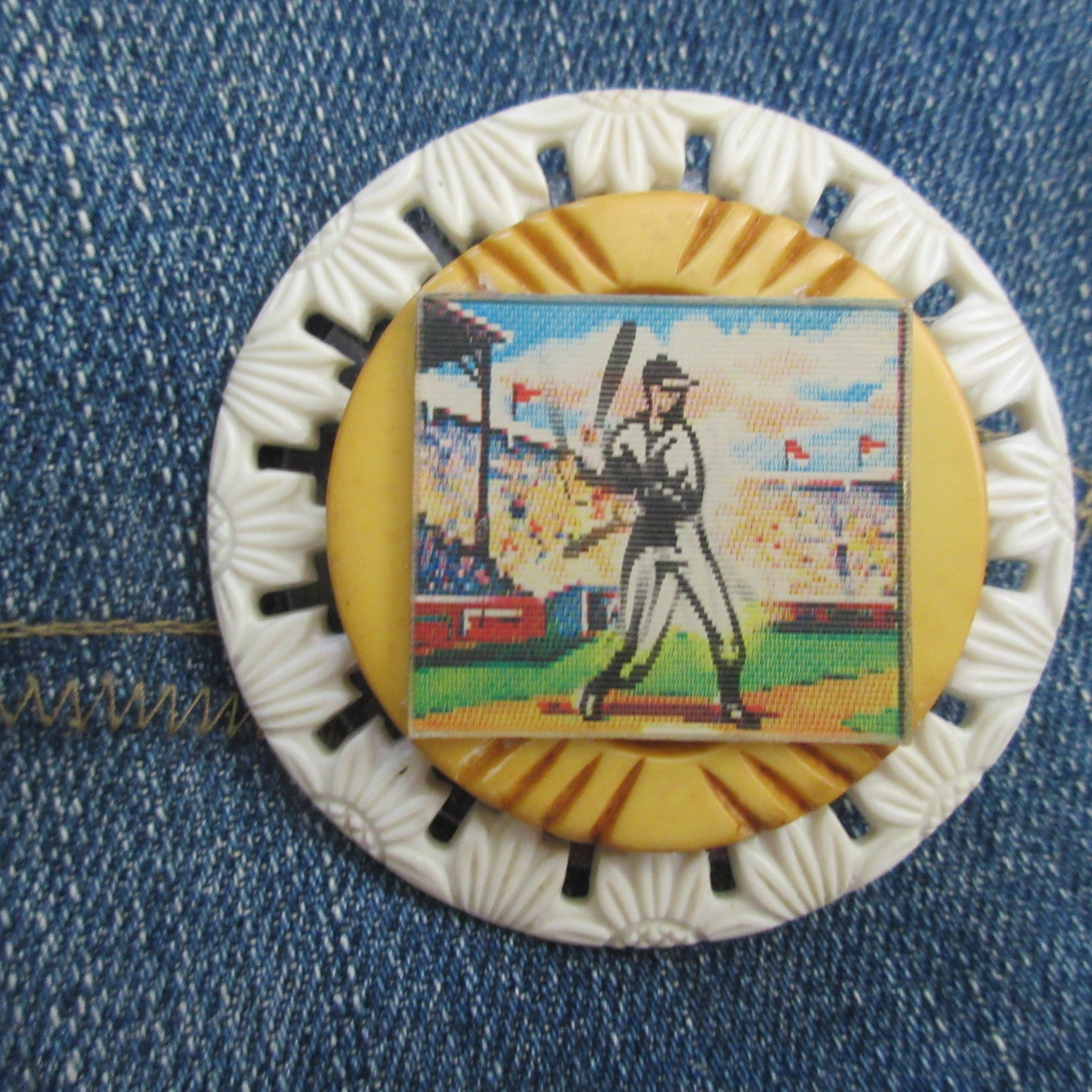OOAK Vintage Lenticular Baseball Player Brooch