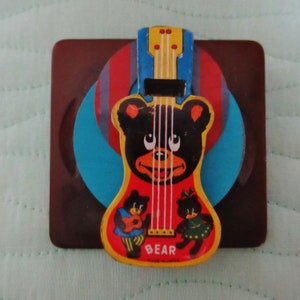 OOAK Guitar Bear Vintage Tin Whistle Brooch
