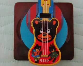 OOAK Guitar Bear Vintage Tin Whistle Brooch