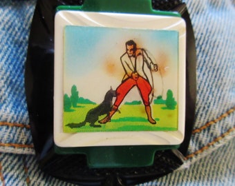 Vintage Vari-vue Lenticular of Dog Jumping Thru Hoop Made into a Pin