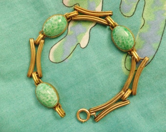 Vintage Brass and Green Peking Glass Bracelet