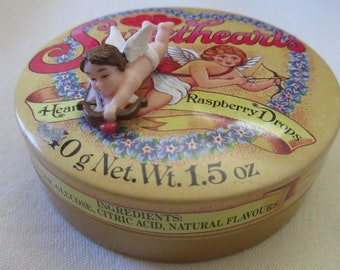 Vintage Small Sugar Drops Tin - "Sweethearts" with Cherub on Top