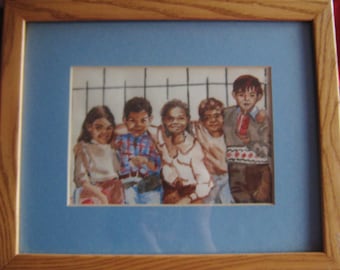 Watercolor painting of kids on a class trip  - "P.S. 69 South Bronx - Field Trip" - framed 9" x 11"