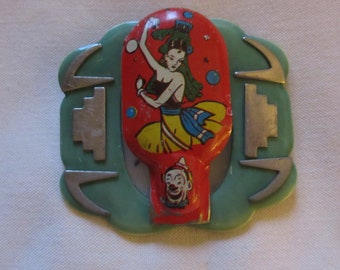 OOAK Flamenco Dancer Clicker on Deco Buckle Brooch