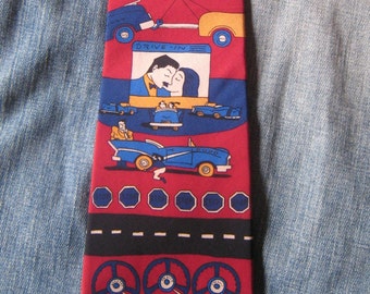 SALE! Vintage Rooster Records Collectible Silk Necktie - Old Cars, Drive-in Movies - "Let the good times roll on" - American Nostalgia