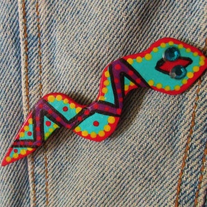 Vintage Southwestern Painted Leather Snake Pin By Judith Cameron of Santa Fe