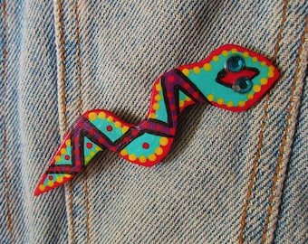 Vintage Southwestern Painted Leather Snake Pin By Judith Cameron of Santa Fe