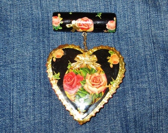 Large Vintage "Designs from the Deep" Floral Heart Pin - DFTD - Decoupage on Wood