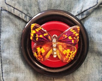 Vintage Tin Butterfly on Plastic Brooch