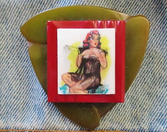 Original Lenticular Pin of a Scantily Clad Redheaded Model - Very Risqué!