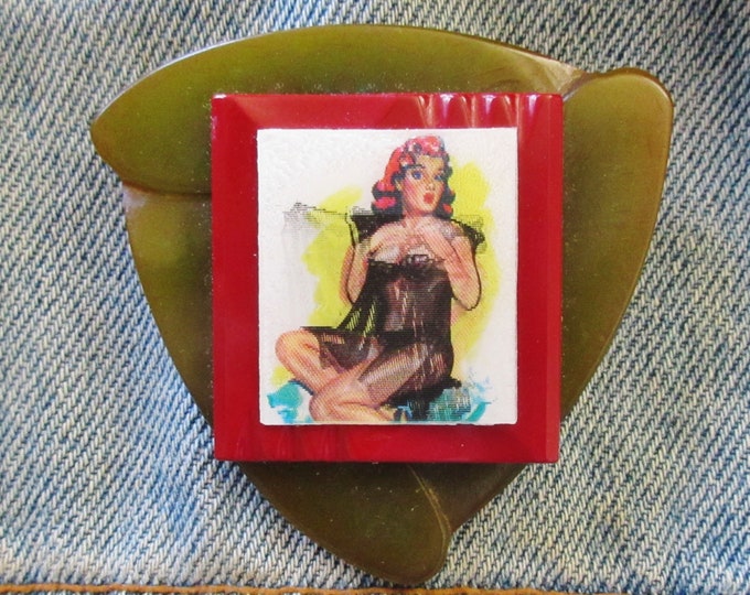 Featured listing image: Original Lenticular Pin of a Scantily Clad Redheaded Model - Very Risqué!
