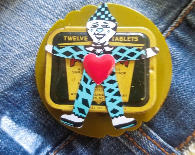 Featured listing image: Original Vintage Tin Joker Brooch Made With Vintage Parts