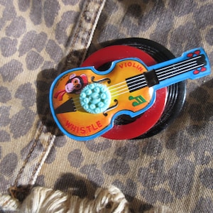 OOAK Tin Whistle of Violin with Plastic Button and Buckles Brooch