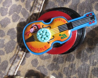 OOAK Tin Whistle of Violin with Plastic Button and Buckles Brooch