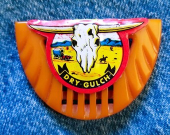 Western Steer Skull Tin Badge on Bakelite Buckle Brooch