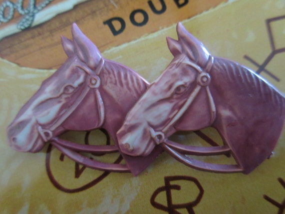 Vintage Celluloid Double Horse Heads Pin - image 3