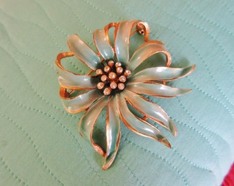 Designer B.S.K Brooch - Large 3" Vintage Aqua Enamel Flower Pin