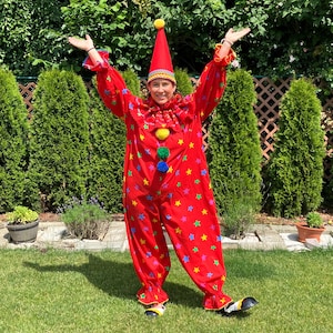Cute Happy Creepy Bright Handmade Multicolor Unisex Clown Costume, Jumpsuit Cosplay, Fantasy, Halloween Costume Mardi Gras Medium Large #601