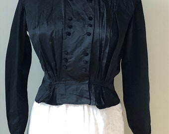 Black Satin 1800s Antique Victorian Edwardian High Collar Top Blouse Long Sleeves Dickens Small Medium