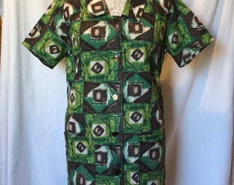1960 Woman's Vintage Cotton Green and Brown Geometric Design Blouse Shirt Dress Smock Swimsuit Cover Festival Blouse Boho Medium Large