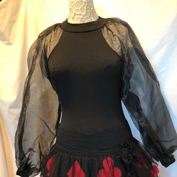 Woman's 1990s Black Stretchy Body Suit Long Sheer Nylon Puffy Sleeves Gothic Blouse High Collar Snap Crotch Small USA