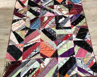 Tattered Vintage Antique Quilt Hand Stitched Patchwork Crazy Quilt Bedspread Throw Cottage Core Country Decor Quilt Project 54X66