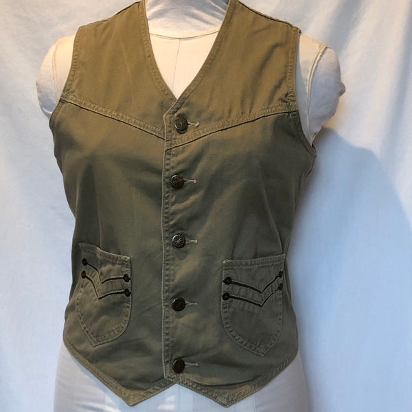 Vintage 1980s 1990s Unisex Brown Khaki Cotton Buckle Back Vest 2 Pockets and Metal buttons by Brittania Small Medium