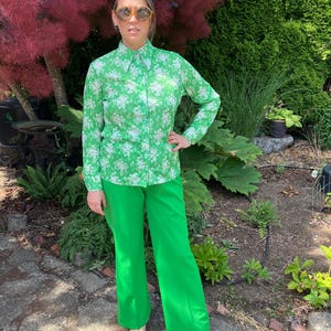 1970s Green & White Wide Leg Pant Suit: Vintage Boho Style