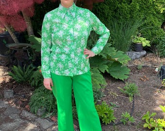 1970s Green & White Wide Leg Pant Suit: Vintage Boho Style