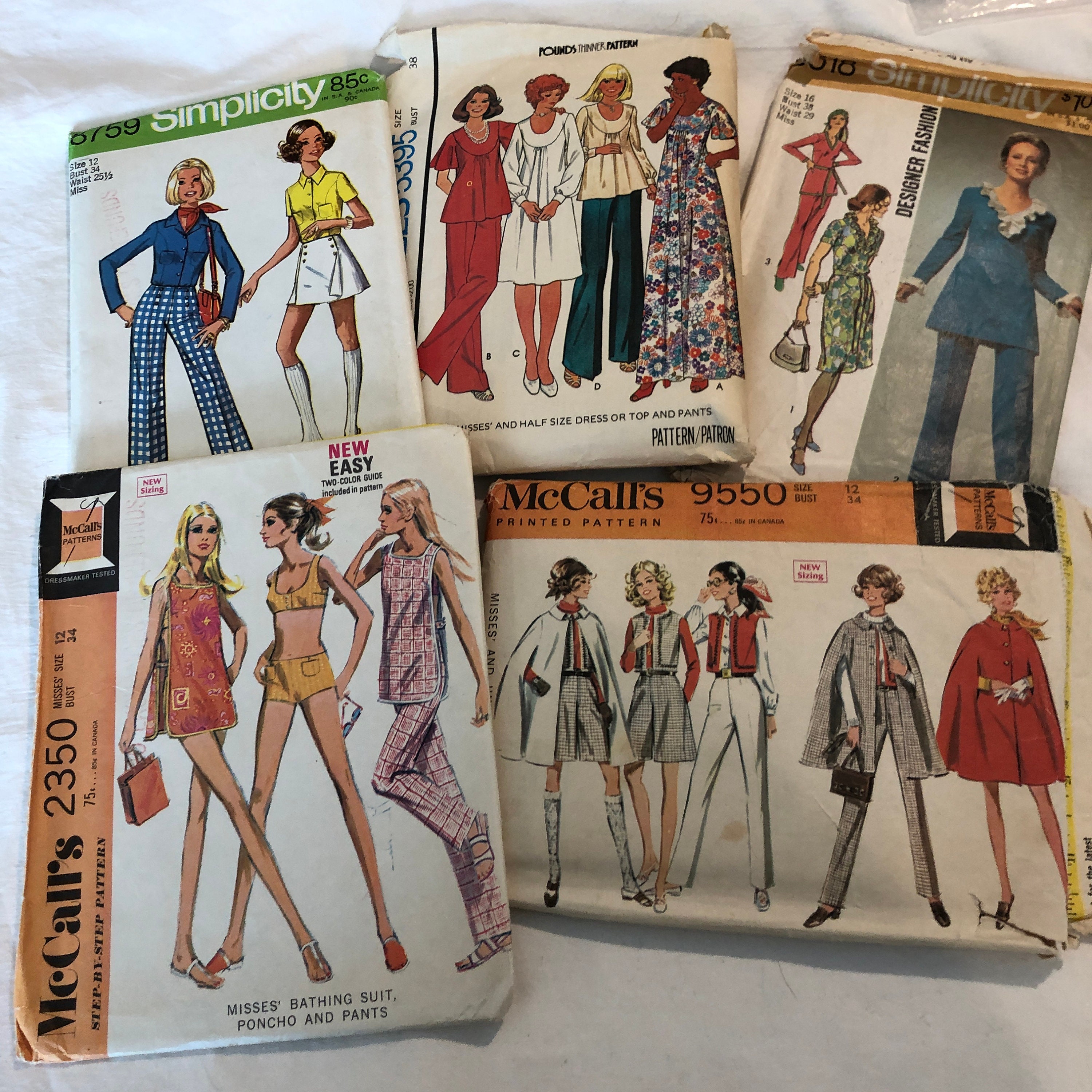 Lot of 5 60s & 70s Women's Patterns for Dresses, Pants, Tops, Swimsuit, Cape, Shorts Vintage Sewing Patterns McCalls, Simplicity USA Lot #20