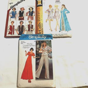 Lot of 3 70s and 80s Vintage Dresses, Pants Vests Nightie Sewing Patterns USA