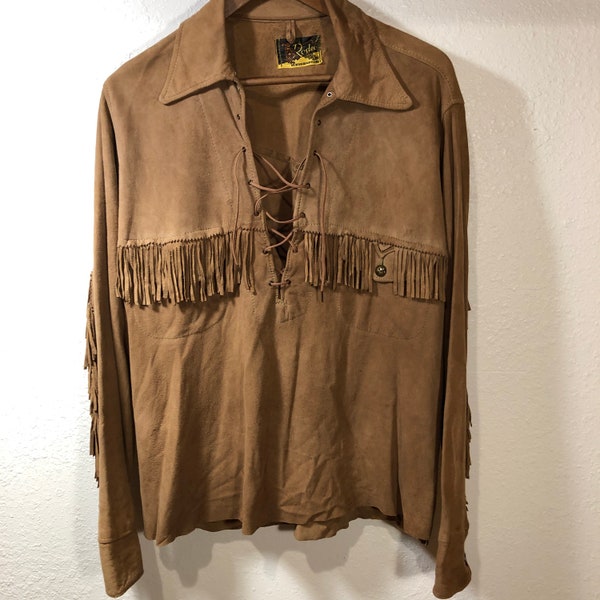 Vintage 40s 50s Rodeo Sport Togs Soft Suede Fringe Western Reenactment Cowboy Cowgirl Lace Up Shirt Seattle Woolen Mills Medium Large USA