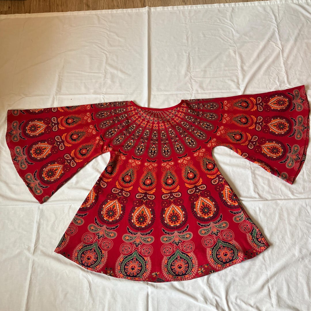 60s 70s Style Tunic Mini Dress Angel Sleeves Hippie Boho Festival ...