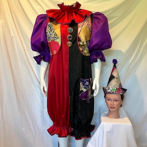 Handmade OOAK Black & Red Clown Costume Jumpsuit Crazy Quilt Patchwork Vest w/ Hat Freak Show Circus Cosplay Jester Ren Faire L/XL USA #668