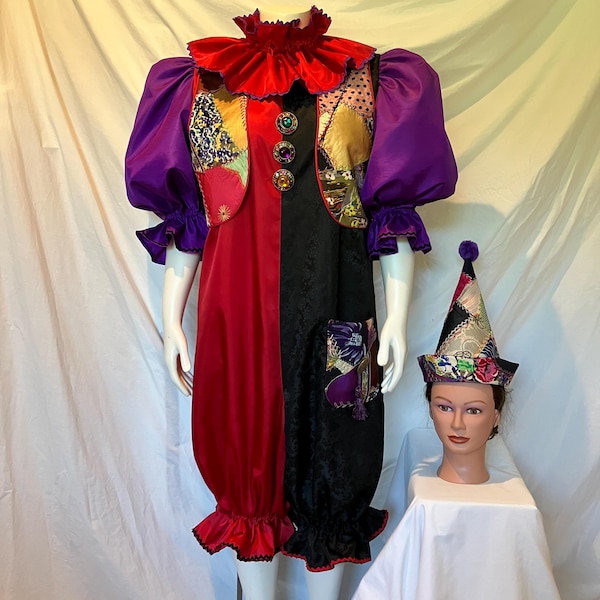 Handmade OOAK Black & Red Clown Costume Jumpsuit Crazy Quilt Patchwork Vest w/ Hat Freak Show Circus Cosplay Jester Ren Faire L/XL USA #668