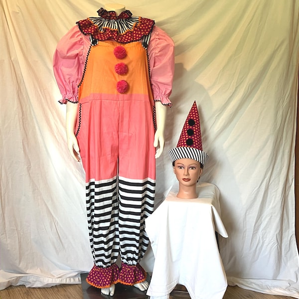 Handmade Colorful Neon Clown Jumpsuit w/ Hat Freak Show Circus XL XXL #667
