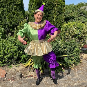 Handmade Fancy Purple Gold & Green Fancy Adult Clown Costume, Cosplay, Fantasy, Halloween Costume Mardi Gras Costume Med Large USA #602
